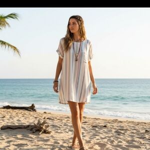 Anthropologie Cloth & Stone Sz M Linen Blend Gauze Popover Dress Multi Stripe